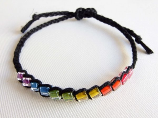 Photo1: Hemp Square Rainbow Anklet (Black) (1)